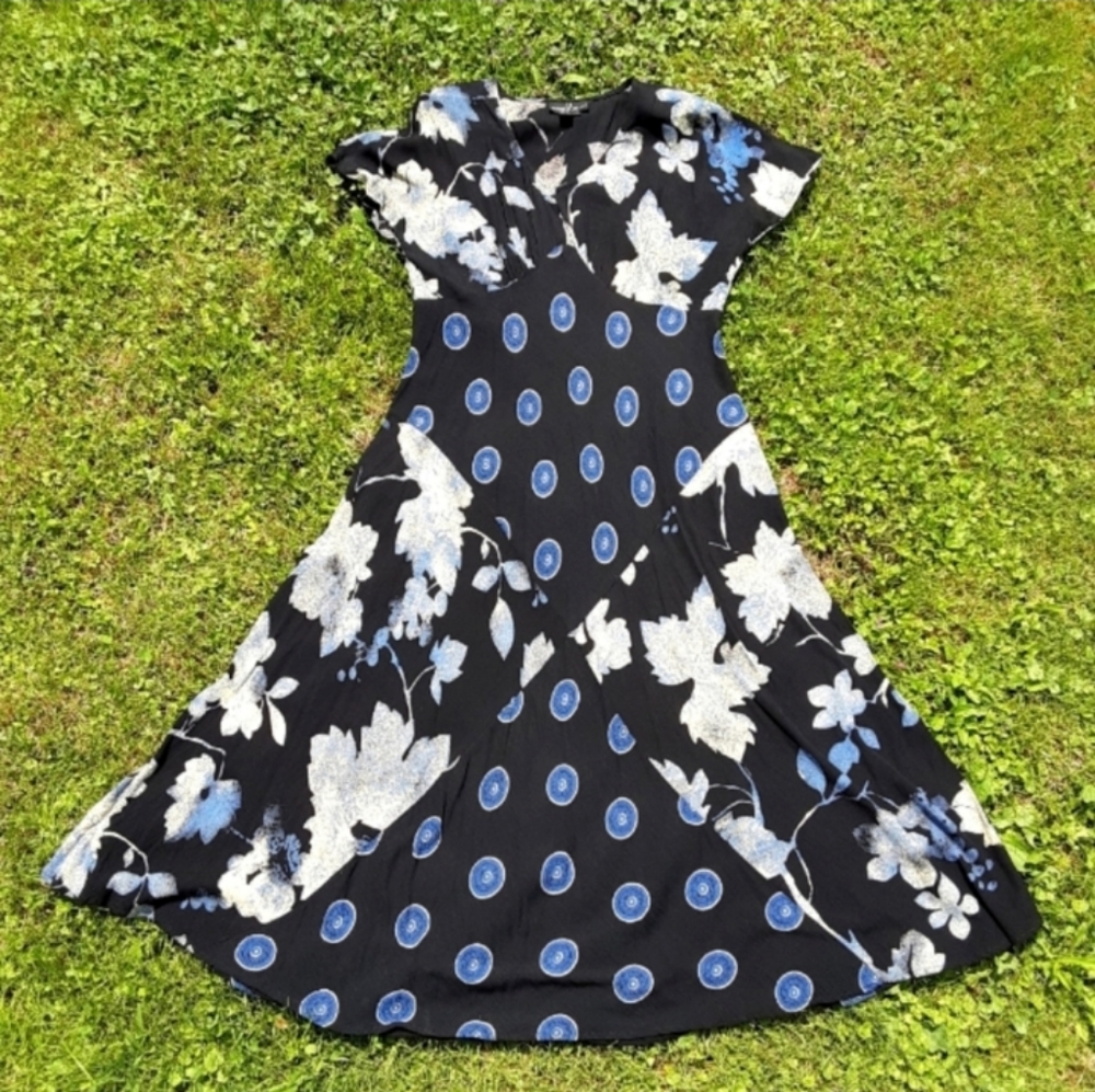 🖤 SO Good: Vintage 90s Floral Indigo Mexican Flowy Dress in vtg 14 - Picture 9 of 9